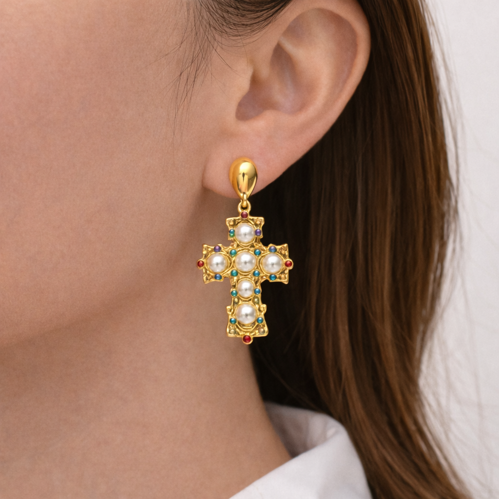 Pearl Cross Earrings