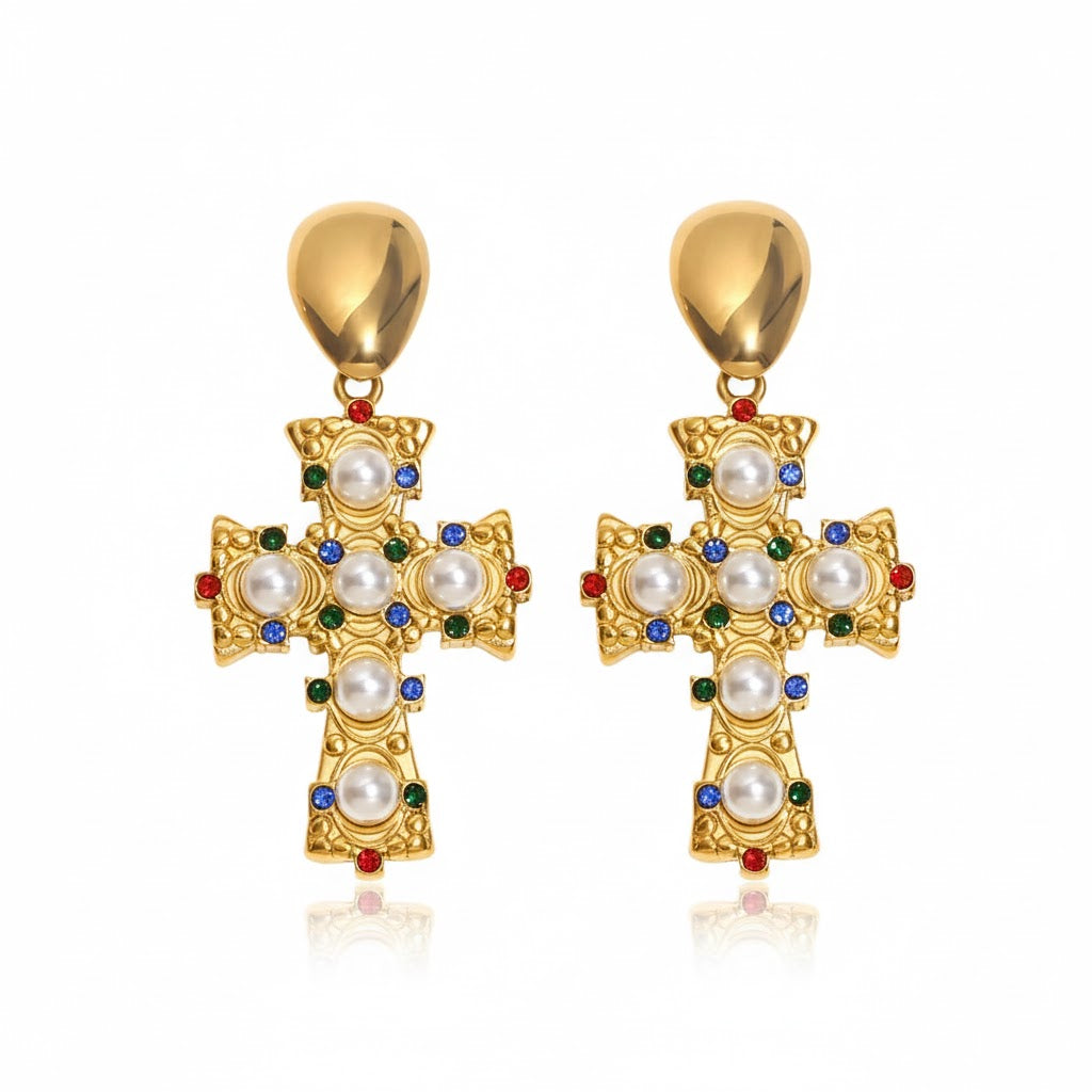 Pearl Cross Earrings